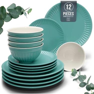 Imagem de Conjunto de louça de grés para 4 pessoas HYGGE 12 peças - Design elegante Scandi - Conjunto de pratos premium - Conjunto de tigela e prato - Utensílios de mesa para 4 pessoas em um design canelado
