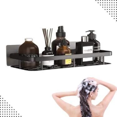 Imagem de Prateleira Reta Multiuso Adesiva Porta Shampoo em Chapa Reforçada Organizador de Parede com Capacidade de Até 10Kg (Preto)