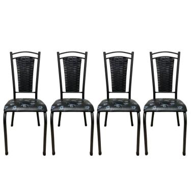 Imagem de Kit 4 Cadeira Paris De Cozinha Tubular Preto Aço Estofada Encosto Junco Preto Florido