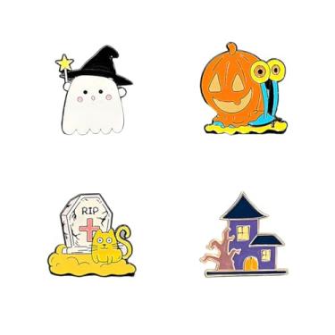 Imagem de Conjunto de Broche de Halloween para Mulheres Material de Liga - Casa Assombrada Fantasma de Abóbora com Foice Fantasma com Chapéu de Bruxa e Gato Preto em Pinos Esmaltados de Abóbora Adequado para