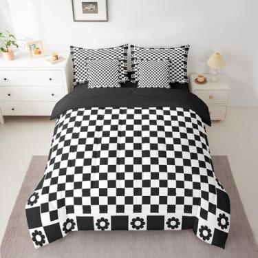 Imagem de Jogo de cama casal de 7 peças, preto e branco, quadriculado, quadriculado, flor preta em uma bolsa com edredom, lençol de cima e fronhas, decoração de quarto de meninos e crianças
