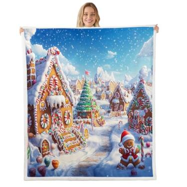 Imagem de Cobertor de lã de gengibre de Natal para todas as estações dos desenhos animados de biscoito de Natal sobremesa cobertor de cama estilo inverno cobertor felpudo para cama sofá sofá azul marrom