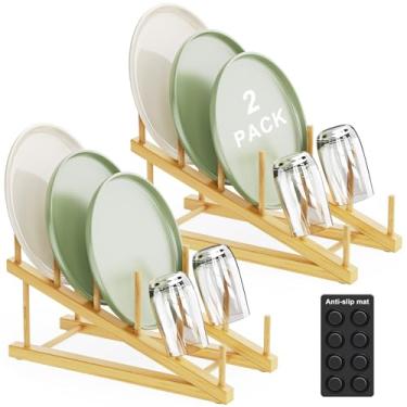 Imagem de Escorredor de pratos de bambu, suportes de pratos para exibição, organizador de cozinha, organizador de pratos com bambu natural, comporta pratos, tigelas, copos e corte, tábuas - suporte de pratos