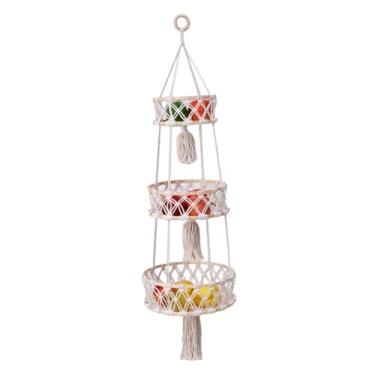 Imagem de Cestas de frutas penduradas para cozinha, cesta de frutas pendurada de 3 camadas, cesta de tecido de corda de algodão de 109 cm, decoração boho para sala de estar, sala de estudo, varanda, cafeteria