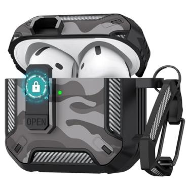 Imagem de Capa protetora rígida para AirPods 4 com trava segura, pop-up automática, proteção total, compatível com Apple AirPods 4ª geração 2024/2025 (cinza camuflagem, capa para Airpods 4)