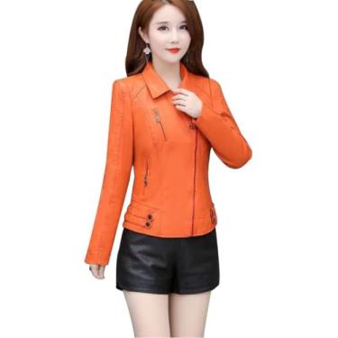Imagem de Jaquetas Las Leather Jacket, Veste Courte Mince, Mince, Veste Femme, Veste En Cuir Moto, Nouvelle Veste En Cuir Pour Femme, Orange, XL