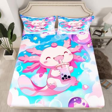 Imagem de Feelyou Jogo de cama solteiro fofo de salamandra kwaii axolotl para decoração de quarto de meninas adolescentes e adultos, conjunto de cama de microfibra leve com 1 fronha (sem lençol de cima)