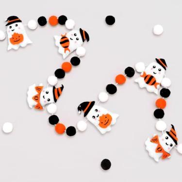 Imagem de Whaline Banner de feltro de Halloween fofo 3D guirlanda pendurada preto laranja branco pompom bola banner para casa decoração de parede janela decoração de doces ou travessuras suprimentos de festa