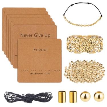 Imagem de DICOSMETIC Kit de contas de pulseira de código Morse DIY incluindo 200 peças, 2 estilos, contas de aço inoxidável douradas, a granel, 14 metros, cordão de algodão encerado, 14 peças, kit de pulseiras