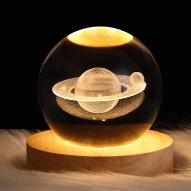 Imagem de Luz noturna HFEHSKJ 3D Galaxy Crystal Ball com base de madeira