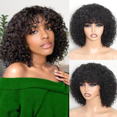 Imagem de Peruca curta de cabelo humano encaracolado REMESSE com franja de 30 cm