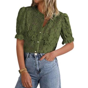 Imagem de Blusa feminina PRETTYGARDEN, manga curta, ilhó de renda, verde militar