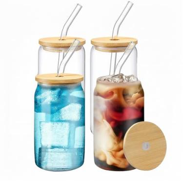 Imagem de Conjunto de 6 peças de copos com tampas de bambu e canudo de vidro - 473 ml, copos de café, gelo, cerveja, gelo, copo fofo, ideal para uísque, refrigerante, boba, chá, coquetel, presente, 2 escovas de