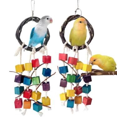 Imagem de Brinquedos naturais de papagaio para pássaros pequenos e médios - brinquedos de mastigar com anel de ramo de madeira de maçã, corda de algodão e blocos de madeira coloridos, acessórios coloridos de