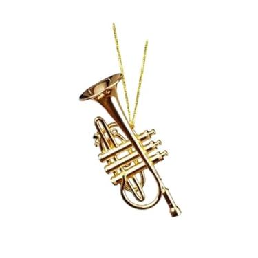 Imagem de The Bridge Collection Ornamento de corneta dourada de 7 cm - Decoração de Natal de instrumento musical de latão em miniatura