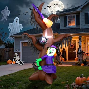 Imagem de 2,8 m de Halloween infláveis bruxa escalando árvore morta com gato e vassoura, decorações grandes de quintal inflável, autoinflável, assustador, ao ar livre, Halloween inflável para festas, jardim