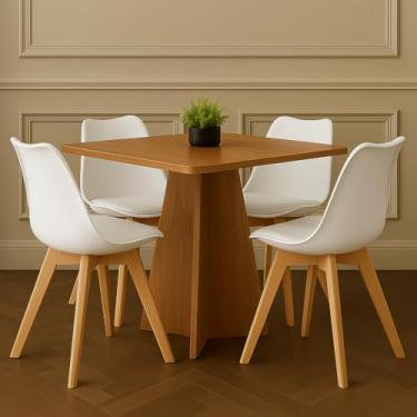 Imagem de Mesa Quadrada de Madeira Maciça 80x80 Freijó + 4 Cadeiras Leda com Almofada - Jantar, Cozinha (Cadeiras Brancas)