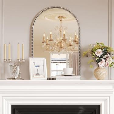 Imagem de Espelho de parede arqueado - 61 cm x 91 cm com detalhes decorativos de moldura de contas de metal, espelho de banheiro prateado, decoração de parede suspensa para banheiro, quarto, sala de estar