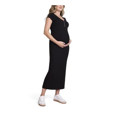 Imagem de Motherhood Maternity Vestido feminino de manga curta com gola V Henley de malha canelada colado ao corpo, Preto, GG