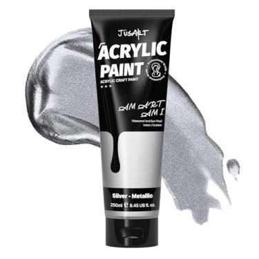 Imagem de JusArt Tinta acrílica tubos de prata metálica de 250 ml, tinta não tóxica para artesanato, pigmento rico sem desbotamento para pintura em tela, madeira, tecido, argila, pedra metálica, materiais de