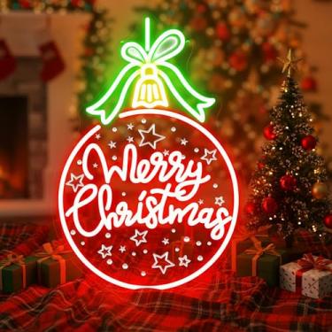 Imagem de Enfeite de bola de Natal vermelha com laço verde, letras de Feliz Natal com iluminação LED, padrões de estrelas gravados, alimentado por USB com 5 níveis de brilho, decoração festiva para pendurar 43
