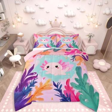 Imagem de Erosebridal Conjunto de edredom infantil Kawaii Axolotl completo, rosa Axolotl, lindo edredom salamandra para meninas, adolescentes e adultos, casa, vida subaquática, colcha com 2 fronhas