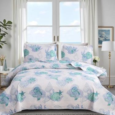 Imagem de Hailea Colcha oceânica, solteiro, litoral, leve, verão, praia, cobertor, náutico, concha, concha, lençol com 2 fronhas (verde, solteiro)