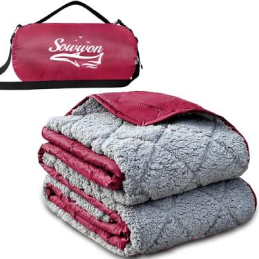 Imagem de Cobertor impermeável ao ar livre 203 x 139 cm embalável, cobertores de estádio para acampamento com forro de lã de ovelha, grande tapete de emergência à prova de vento para garss piquenique