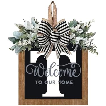 Imagem de Guirlanda de porta da frente com sobrenome de 35 cm, guirlanda de porta de boas-vindas com 26 letras para porta da frente externa, guirlanda de boas-vindas e eucalipto e laço adequado para todas as