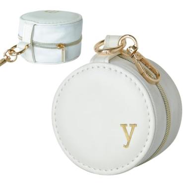 Imagem de COLLECTIVE HOME - Caixa de joias com monograma, porta-anéis de viagem portátil com chaveiro, organizador inicial personalizado para colares de brincos, presente para ela (branco-y)