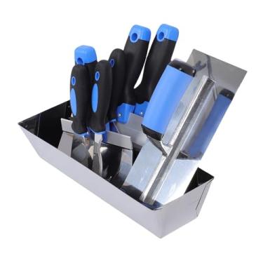 Imagem de Fockety 8 peças de ferramentas para drywall em aço inoxidável, conjunto de espátulas com raspador de massa, espátula para fita adesiva, colher de pedreiro e bandeja para massa