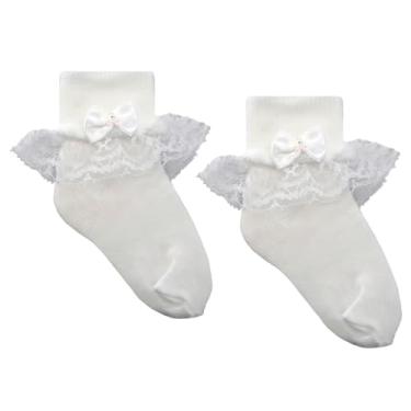 Imagem de Meia Soquete Infantil com Renda e Laço para Batizado e Festas Kit com 2 Pares Poliamida (Branco, P)