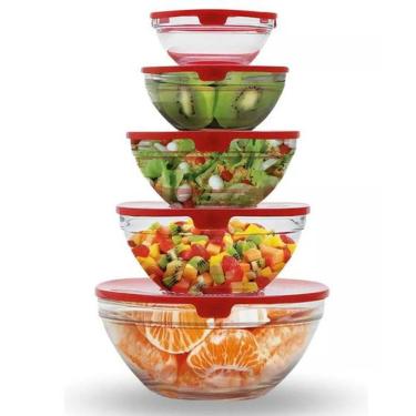 Imagem de Conjunto de Tigelas de Vidro com Tampa Plástica em 5 Peçs - Jogo Pote de Vidro 5 Tamanhos Diferentes - PANAMI