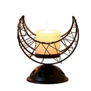 Imagem de Suporte de vela, pilar de ferro, lua, vela moderna, castiçal para mesa de jantar, festa, castiçais decorativos de casamento (8,5 x 13 x 12,5 cm, preto)