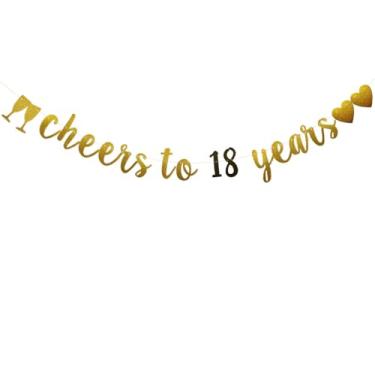 Imagem de Faixa Cheers to 18 Years Banner, pré-amarrada, dourada e preta com glitter para decoração de festa de aniversário de 18 anos/casamentos, letras pretas e douradas, ABCpartyland