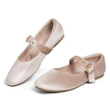 Imagem de hingswink Mary Jane Sapatilhas femininas de balé com fivela de tira e bico fechado MaryJanes Sapatilhas de bailarina para mulheres elegantes e confortáveis, Veludo bege, 35