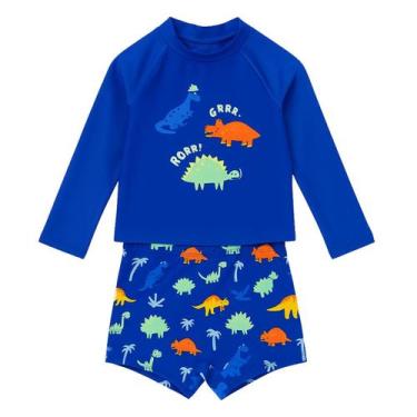 Imagem de Conjunto Verão Moda Praia Infantil Menino Camiseta UV Sunga Boxer Dino