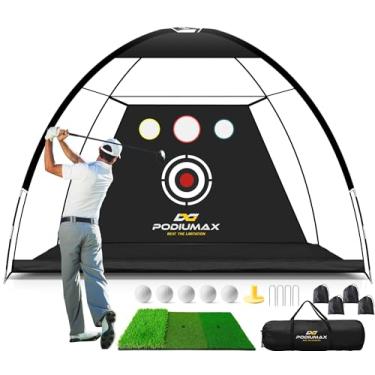 Imagem de PodiuMax Rede de golfe, rede e tapete de treino de golfe de 3 x 2 m, alvo de redução de ruído, 5 bolas, 4 sacos de areia, camiseta, bolsa de transporte, redes para garagem de quintal, lascas para