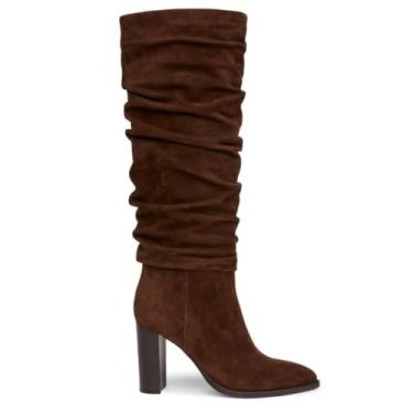 Imagem de Erocalli Botas de cano alto femininas cano alto grosso salto alto despojado bico fino zíper lateral longo, 2 chocolates, 37