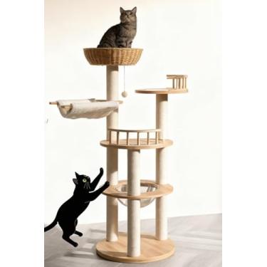 Imagem de Árvore moderna de madeira para gatos grandes, torres de carvalho de vime de luxo, árvore de gato de vime com cápsula e rede, 3 ninhos de gato de tecelagem e lavável, postes de arranhar de sisal, para