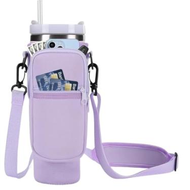 Imagem de Bolsa Porta Garrafa, Squeeze, Copo Térmico Com Alça Ajustável Shoulder Bag com bolso para celular, de neoprene, com alça ajustável, tampa para canudo e mosquetão (Lilas)