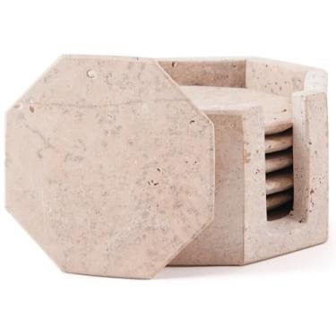 Imagem de Conjunto de 6 porta-copos de mármore feitos à mão em pedra travertino de 8,9 cm para mesa de café, decoração de cozinha e sala de estar | Conjunto de porta-copos elegante para bebidas quentes e frias
