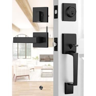 Imagem de EHOMEWARE Conjunto de fechadura de porta frontal preto fosco, maçaneta externa com fechadura de cilindro único, conjunto de maçaneta da porta da frente e fechadura, conjunto de fechadura de porta de
