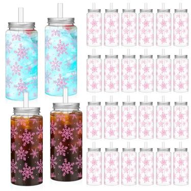 Imagem de Romooa Pacote com 24 copos reutilizáveis de Natal a granel copos de plástico de 382 g com tampas e canudos, conjunto de Natal, para beber, férias, garrafa de café reutilizável para festas, bebidas