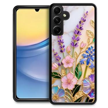 Imagem de CARLOCA Capa compatível com Samsung Galaxy A15 para meninas à prova de choque antiarranhões capa traseira de policarbonato rígido estética padrão de mármore branco vitral dourado lavanda flores