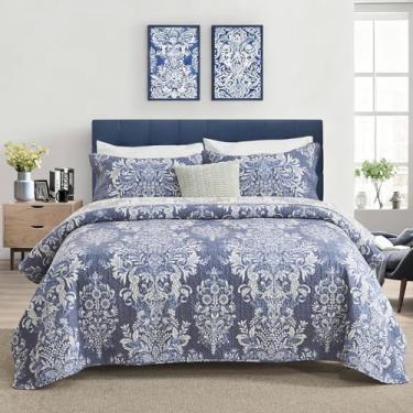 Imagem de SOElinens Colchas Queen Size – Conjunto de colcha floral azul Paisley com fronhas combinando, colcha de cama reversível vintage Paisley Damasco, 3 peças, 100% algodão, colcha leve para todas as