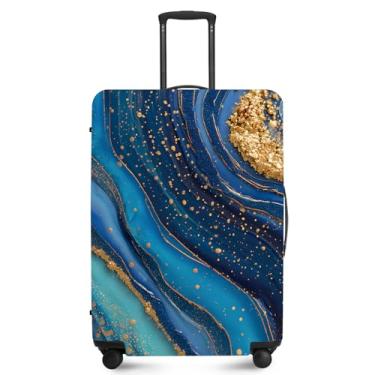 Imagem de FOREVER QUEEN Capa protetora de mala de mármore luxuosa, antiarranhões, capa de bolsa elástica, lavável e durável de poliéster, Gradiente azul-dourado, L(fits 28-30Inch suitcase), Mármore