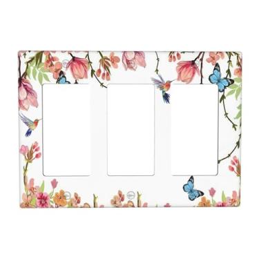 Imagem de Pássaro Flores Florais 3 Gang Rocker Interruptor de Luz Placa Decorativa Tripla Tomada Placa de Parede GFCI Placa Elétrica Regulador para Quarto Banheiro Decoração de Casa 11,4 cm x 16,2 cm
