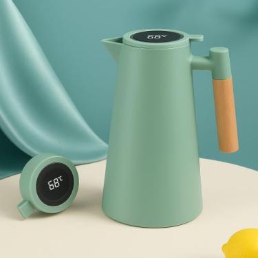 Imagem de Garrafa Térmica Termometro Digital 1L Café Chá Nórdica Com Cabo Madeir
