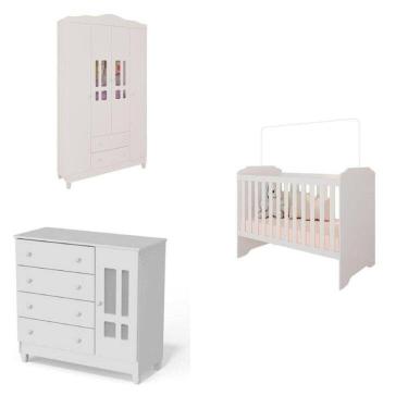 Imagem de Conjunto de Quarto Infantil Guarda-Roupa de Bebê 4 Portas, Cômoda Infantil e Berço Mel Branco